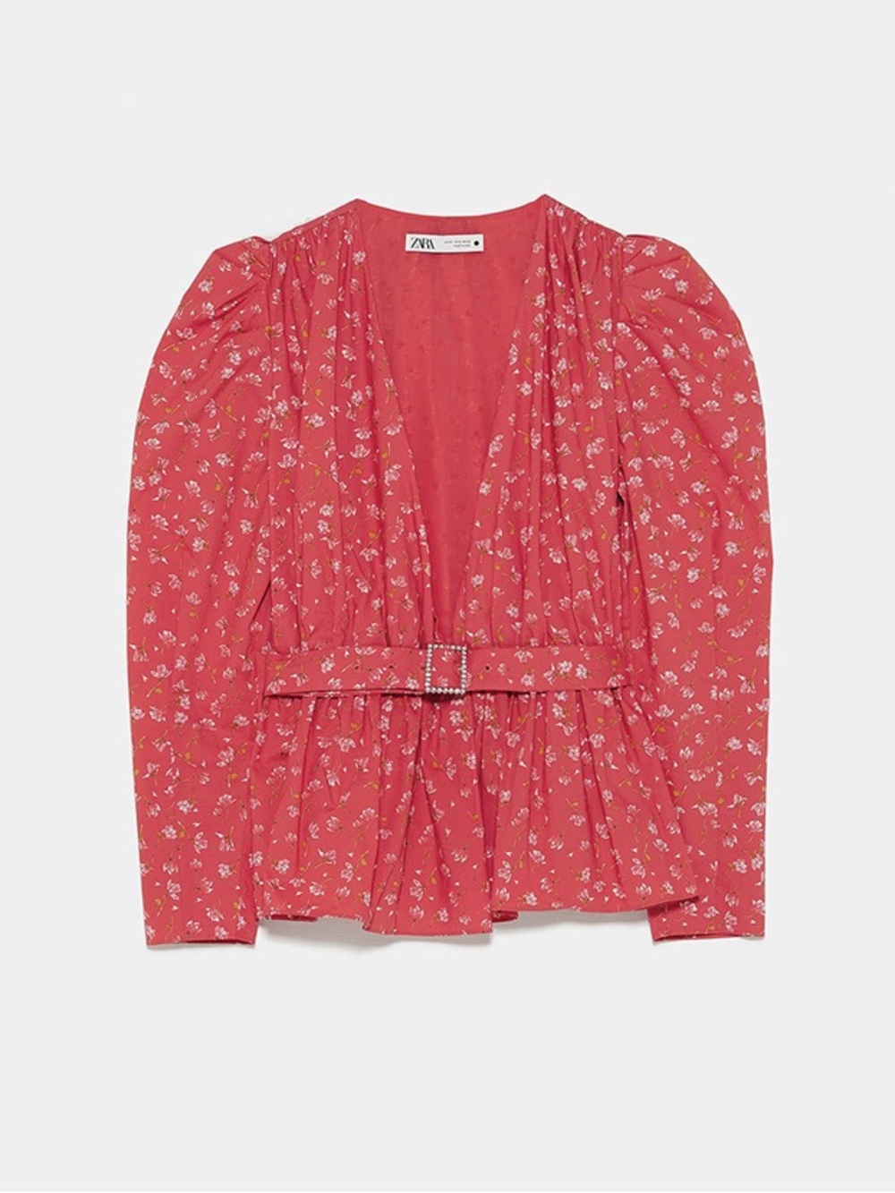 ZARA Floral Peplum Blouse XS Puff Sleeve Cottagecore Romantic Red Top - Picture 16 of 16